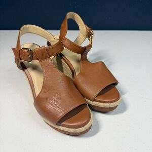 Cole Haan T-Strap Wedge Sandals 5.5W Brown Leather Espadrille